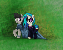 Size: 900x718 | Tagged: safe, artist:hewison, dj pon-3, octavia melody, vinyl scratch, g4, clothes, dress, duo, suit