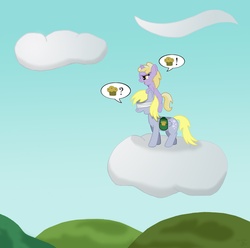 Size: 2332x2311 | Tagged: safe, artist:gogglesparks, derpy hooves, dinky hooves, pegasus, pony, g4, blindfold, cloud, cloudy, equestria's best mother, female, high res, mare, saddle bag
