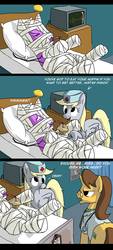 Size: 1594x3515 | Tagged: safe, artist:fiddlearts, bandage pony, derpy hooves, doctor horse, doctor stable, hard knocks, pegasus, pony, unicorn, g4, bandy, comic, dialogue, female, male, mare, muffin, nurse, rough tumble, stallion