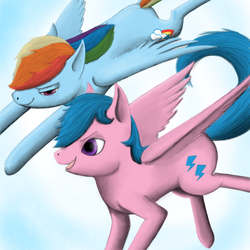 Size: 1080x1080 | Tagged: safe, artist:ratchieftain, firefly, rainbow dash, g1, g4, duo, flying, g1 to g4, generation leap