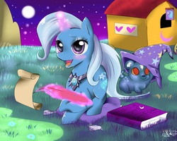 Size: 2000x1600 | Tagged: safe, artist:daughter-of-fantasy, trixie, ursa minor, g4, book, happy, quill, scroll, trixie's wagon, wagon