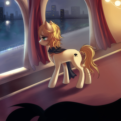 Size: 900x900 | Tagged: safe, artist:jacky-bunny, oc, oc only, earth pony, pony, city, cityscape, clothes, monk, natalie teeger, night, ponified, scarf, solo