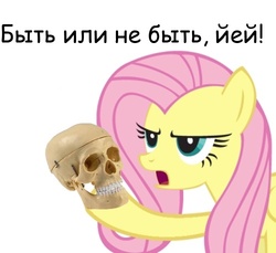 Size: 500x458 | Tagged: safe, fluttershy, pony, g4, female, hamlet, meme, muzhik, russian, simple background, skull, solo, to be or not to be, translated in the comments, white background, william shakespeare, yay
