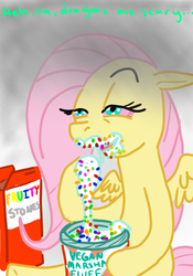 Size: 700x1000 | Tagged: safe, artist:pronzoc, fluttershy, g4, bloodshot eyes, cereal, drugs, duo, eating, flutterhigh, food, high, marijuana