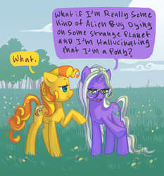 Size: 837x900 | Tagged: dead source, safe, artist:dimespin, bumblesweet, oc, oc only, oc:worldbuilder, bee, earth pony, insect, pony, unicorn, g4, beekeeper, dialogue, female, glasses, mare, mylittlebeekeeper, raised hoof