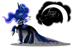 Size: 1700x1158 | Tagged: safe, artist:tiffanymarsou, princess luna, alicorn, pony, g4, clothes, concave belly, dress, ethereal mane, ethereal tail, eyes closed, female, folded wings, jewelry, long dress, raised hoof, regalia, simple background, slender, solo, standing, tail, thin, transparent background, wings