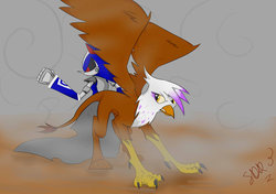 Size: 900x633 | Tagged: dead source, safe, artist:natiadwolf, gilda, griffon, g4, crossover, neo metal sonic, sonic the hedgehog (series)