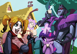 Size: 877x620 | Tagged: safe, artist:bittenhard, twilight sparkle, human, pony, g4, batman, crossover, drinking, grin, harley quinn, magic, reference, slipstream (transformers), smiling, tara strong, tea, teacup, transformers, voice actor joke, wink