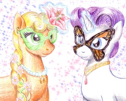 Size: 1000x800 | Tagged: safe, artist:muffinshire, applejack, masquerade, rarity, g4, female, flower, lesbian, mask, masquerade mask, ship:rarijack, shipping