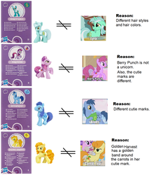 Size: 1280x1391 | Tagged: safe, berry punch, berryshine, blues, carrot top, golden harvest, lyra heartstrings, noteworthy, earth pony, pony, g4, blind bag, collector card, comparison, heartstrings, irl, meta, photo, toy