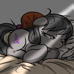 Size: 500x500 | Tagged: safe, artist:reiduran, octavia melody, earth pony, pony, g4, bed, crepuscular rays, female, lidded eyes, lying on bed, mare, morning ponies, on bed, pillow, sad, solo