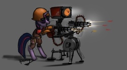 Size: 1283x706 | Tagged: safe, artist:ponyrake, twilight sparkle, pony, g4, bipedal, crossover, engineer, engineer (tf2), sentry, team fortress 2