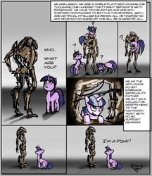Size: 870x1007 | Tagged: safe, artist:ponyrake, twilight sparkle, pony, unicorn, g4, adorkable, bipedal, bipedal leaning, butt, captain obvious, climbing, comic, crossover, curiosity, curious, cute, dork, face down ass up, female, floppy ears, frown, geth, leaning, legion, looking up, mare, mass effect, open mouth, plot, pony hat, question mark, riding, sitting, smiling, twiabetes