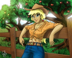Size: 1280x1024 | Tagged: safe, artist:glancojusticar, edit, applejack, human, g4, apple, apple tree, belly button, belt, breasts, cleavage, clothes, female, fence, humanized, midriff, pants, solo, tree