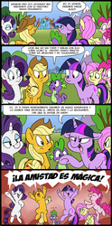 Size: 600x1212 | Tagged: safe, artist:spainfischer, applejack, fluttershy, pinkie pie, rainbow dash, rarity, spike, twilight sparkle, pony, g4, the mysterious mare do well, comic, mane seven, spanish, take that, translation