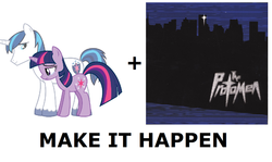 Size: 1337x796 | Tagged: safe, artist:fureox, shining armor, twilight sparkle, g4, all caps, exploitable meme, make it happen, meme, meta, the protomen