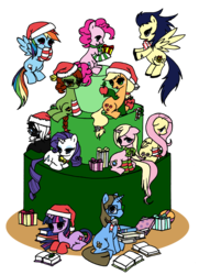 Size: 2951x4071 | Tagged: safe, artist:nya-nannu, applejack, fluttershy, pinkie pie, rainbow dash, rarity, twilight sparkle, oc, earth pony, pegasus, pony, unicorn, g4, female, hat, mane six, mare, santa hat, simple background, transparent background, unicorn twilight