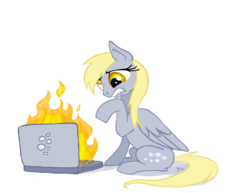 Size: 878x677 | Tagged: safe, artist:gingerfoxy, derpy hooves, pegasus, pony, computer, derpy hooves tech support, female, fire, laptop computer, mare, solo