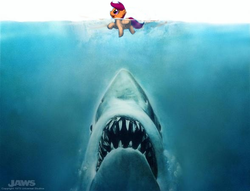 Size: 589x450 | Tagged: safe, scootaloo, great white shark, pegasus, pony, shark, g4, female, filly, foal, jaws, peril, scootabuse, steven spielberg, thalassophobia, this will end in death