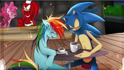 Size: 1678x948 | Tagged: artist needed, source needed, safe, pinkie pie, g4, coffee, crossover, crossover shipping, day, interspecies, knuckles the echidna, male, pinkieknux, shipping, sonic the hedgehog, sonic the hedgehog (series), sonicdash