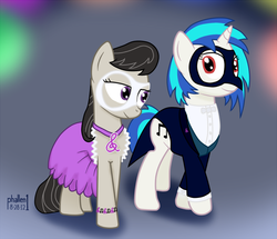 Size: 1018x874 | Tagged: safe, artist:phallen1, dj pon-3, octavia melody, vinyl scratch, g4, clothes, dress, female, lesbian, mask, ship:scratchtavia, shipping