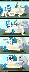 Size: 900x2250 | Tagged: safe, artist:coltsteelstallion, artist:innuendo88, derpy hooves, dj pon-3, vinyl scratch, pegasus, pony, g4, comic, female, mare, spanish, translation