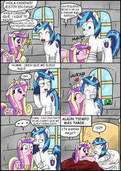 Size: 2481x3506 | Tagged: safe, artist:ciriliko, artist:frank1605, princess cadance, shining armor, alicorn, pony, unicorn, g4, bandage, bed, comic, creeper, female, high res, male, mare, spanish, stallion, translation, unshorn fetlocks