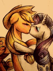 Size: 800x1067 | Tagged: safe, artist:art-surgery, applejack, rarity, earth pony, pony, unicorn, g4, blushing, duo, eyes closed, female, floppy ears, french kiss, kissing, lesbian, mare, ship:rarijack, shipping, traditional art