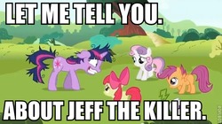 Size: 610x341 | Tagged: safe, artist:htflover777, edit, edited screencap, screencap, apple bloom, scootaloo, sweetie belle, twilight sparkle, g4, lesson zero, caption, cutie mark crusaders, hub logo, image macro, jeff the killer, messy mane, this will end in tears, twilight snapple