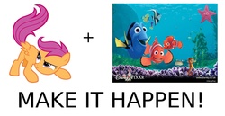 Size: 1120x580 | Tagged: safe, scootaloo, g4, all caps, exploitable meme, finding nemo, make it happen, meme, meta, scootaloo can't fly