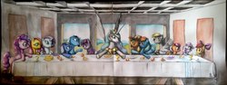 Size: 1600x604 | Tagged: artist needed, safe, apple bloom, applejack, derpy hooves, fluttershy, pinkie pie, princess celestia, princess luna, rainbow dash, rarity, scootaloo, sweetie belle, trixie, twilight sparkle, pegasus, pony, g4, cutie mark crusaders, female, fine art parody, mane six, mare, russian source, the last supper