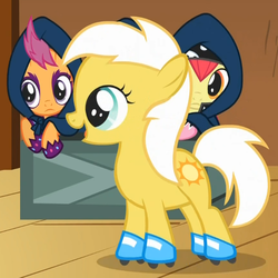 Size: 650x650 | Tagged: safe, apple bloom, scootaloo, sunny daze, earth pony, pony, g4, cute, filly, roller skates, skate, skates, skating