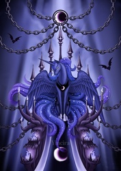 Size: 638x900 | Tagged: safe, artist:yiuokami, princess luna, alicorn, bat, pony, g4, chains, female, metal, sitting, solo, throne