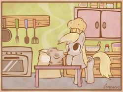 Size: 1024x768 | Tagged: safe, artist:gachucho, derpy hooves, pegasus, pony, g4, cooking, female, food, kitchen, mare, muffin