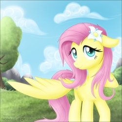 Size: 649x649 | Tagged: safe, artist:skyheavens, fluttershy, pegasus, pony, g4, aside glance, day, female, floppy ears, flower, flower in hair, looking at you, mare, outdoors, raised hoof, smiling, smiling at you, solo, spread wings, standing, turned head, wings