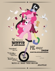 Size: 5100x6600 | Tagged: safe, artist:surgicalarts, pinkie pie, bird, rabbit, g4, absurd resolution, card, hat, magic trick, magic wand, magician, muffin, poster, top hat, unicycle
