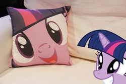 Size: 933x622 | Tagged: safe, twilight sparkle, pony, g4, couch, cute, female, grin, hi anon, open mouth, photo, pillow, smiling, solo, squee