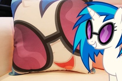 Size: 933x622 | Tagged: safe, dj pon-3, vinyl scratch, pony, g4, cute, female, grin, hi anon, open mouth, photo, pillow, smiling, solo, squee