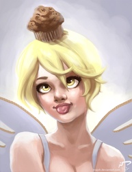 Size: 638x825 | Tagged: safe, artist:majoh, derpy hooves, human, g4, clothes, fake wings, female, humanized, muffin, solo, tongue out