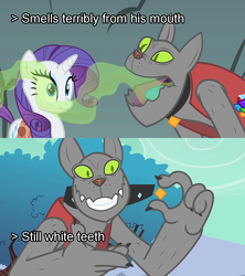 Size: 1280x1440 | Tagged: safe, edit, edited screencap, screencap, rarity, rover, diamond dog, a dog and pony show, g4, animation error, bad breath, breath, comic, meta, screencap comic, smelly, teeth