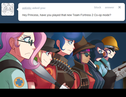 Size: 1215x937 | Tagged: safe, artist:sallymon, applejack, fluttershy, princess luna, rainbow dash, rarity, twilight sparkle, human, ask gamer luna, g4, dark skin, engineer, engineer (tf2), heavy (tf2), heavy weapons guy, humanized, mann vs machine, medic, medic (tf2), scout (tf2), sniper, sniper (tf2), spy, spy (tf2), team fortress 2