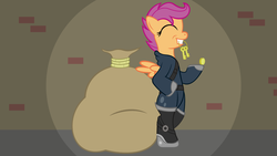 Size: 1920x1080 | Tagged: safe, artist:adcoon, scootaloo, pegasus, pony, g4, bag, bipedal, bipedal leaning, clothes, gold, gold coins, happy, key, leaning, money bag, show accurate