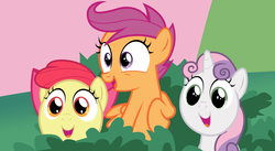 Size: 7314x4000 | Tagged: safe, artist:thardusi, apple bloom, scootaloo, sweetie belle, earth pony, pegasus, pony, unicorn, g4, hearts and hooves day (episode), absurd resolution, bush, cutie mark crusaders, happy, hearts and hooves day, simple background, vector