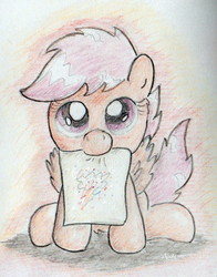 Size: 550x701 | Tagged: safe, artist:slightlyshade, scootaloo, pony, g4, cute, drawing, female, solo, traditional art