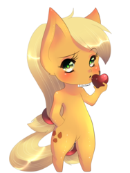 Size: 3000x4000 | Tagged: dead source, safe, artist:salamiasami, applejack, earth pony, anthro, g4, ambiguous facial structure, apple, chibi, food, solo