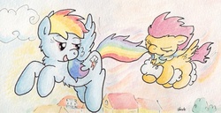 Size: 1149x589 | Tagged: safe, artist:slightlyshade, rainbow dash, scootaloo, g4, cloud, cloudy, scootaloo can't fly, scootalove, tail bite, traditional art