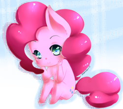 Size: 3847x3394 | Tagged: safe, artist:salamiasami, pinkie pie, earth pony, anthro, unguligrade anthro, g4, ambiguous facial structure, blushing, breasts, chibi, featureless breasts, female, high res, looking at you, sitting, smiling, solo