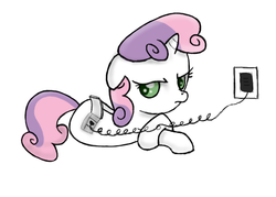Size: 753x539 | Tagged: safe, artist:dawn-sparkle06, sweetie belle, pony, robot, unicorn, g4, charging, female, filly, floppy ears, foal, hooves, horn, lying down, simple background, solo, sweetie bot, white background