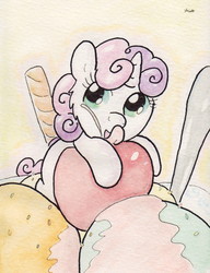 Size: 744x970 | Tagged: safe, artist:slightlyshade, sweetie belle, pony, g4, cherry, female, ice cream, micro, solo, traditional art