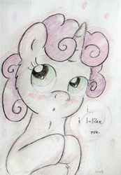 Size: 591x852 | Tagged: safe, artist:slightlyshade, sweetie belle, pony, g4, blushing, female, solo, traditional art